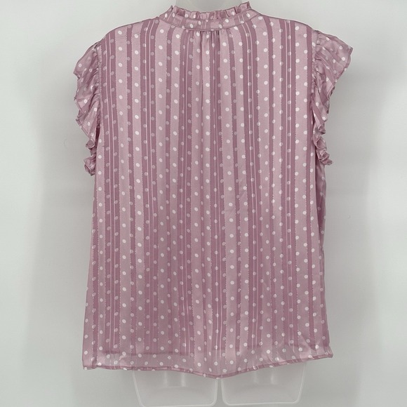 Maison D' Amelie XL Ruffle Sleeve Tie Chiffon Top Pink Polka Dot Metallic Stripe - Picture 2 of 7